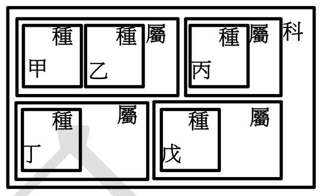 一個表示五種動物分類階層的巢狀圖。圖中有五個標示為「種」的方框,分別為甲、乙、丙、丁、戊。方框甲和乙被包含在一個標示為「屬」的方框內。方框丙和丁被包含在另一個標示為「屬」的方框內。這兩個「屬」方框被共同包含在一個更大的標示為「科」的方框內。方框戊則獨立於此「科」方框之外。