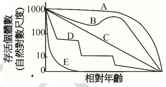 一個二維座標圖,X軸為「相對年齡」,Y軸為「存活個體數(自然對數尺度)」,刻度從10到1000。圖中有五條曲線,標示為A、B、C、D、E。曲線A呈現凸形,表示早期死亡率低,晚期死亡率高。曲線B是一條從左上到右下的直線,表示各年齡層死亡率恆定。曲線C介於B和D之間。曲線D呈現階梯狀下降,表示個體在特定時期大量死亡。曲線E呈現凹形,表示早期死亡率極高。