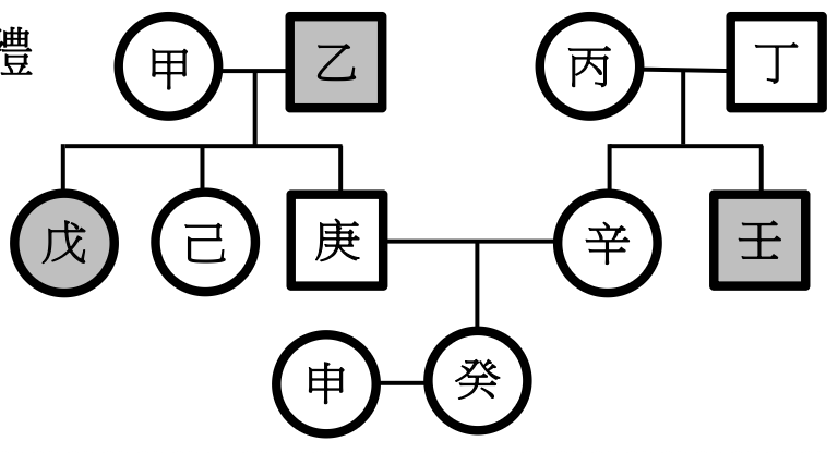 一個三代的家族遺傳譜系圖。圓形代表女性,方形代表男性。灰色代表患病,白色代表健康。第一代:父親甲(患病)和母親乙(健康)。第二代:他們有五位子女,分別是兒子丙(健康)、女兒丁(健康)、兒子戊(健康)、女兒己(健康)、兒子庚(健康)。第二代丙與健康的女性辛結婚,生下第三代兒子申(健康)和女兒癸(健康)。第二代丁與健康的男性壬結婚。第二代庚與健康的女性王結婚。